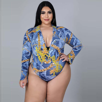 Plus Size Women's Autumn New Fashion V-neck Printed Shirt Trousers Suit