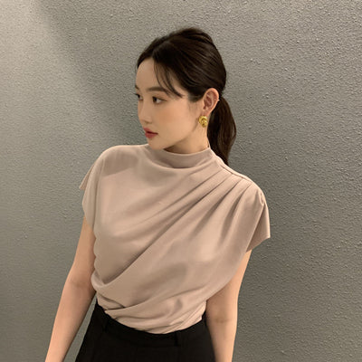 Women's Stand Collar Oblique Pleated Shirt Top