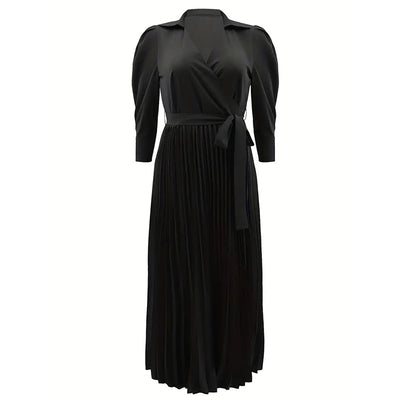 Women's Cross V-Neck Lapel Solid Color Long Sleeve Pleated Maxi Dress With Tie Waist Casual & Formal Dress For Spring & Fall
