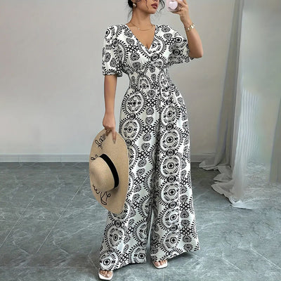 Womens Jumpsuits Short Sleeve V Neck Smocked Dressy Casual Wide Leg Pants Romper 2025 Summer One Piece Outfits