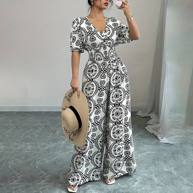 Womens Jumpsuits Short Sleeve V Neck Smocked Dressy Casual Wide Leg Pants Romper 2025 Summer One Piece Outfits