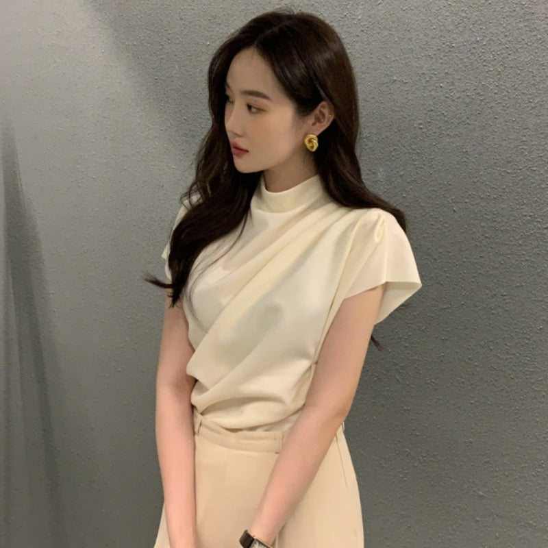 Women's Stand Collar Oblique Pleated Shirt Top