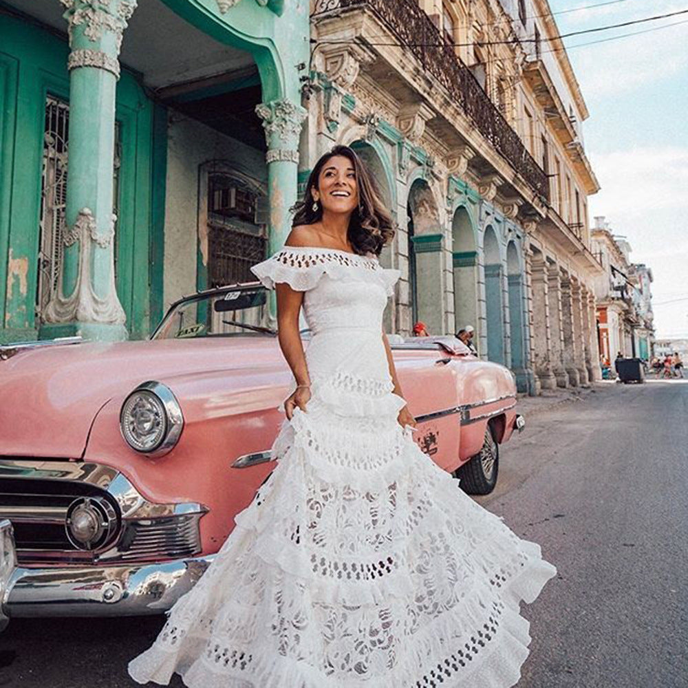 Women's Off-shoulder Ruffled Hollow Wide Hem Lace Dress