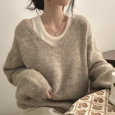 Inner Knitted Vest Loose-fitting Long Sleeve Sweater Two-piece Set